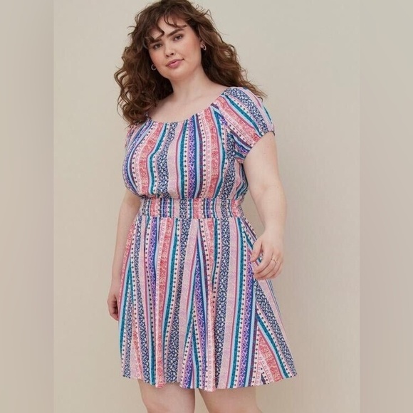 Torrid Lenny Smocked Off Shoulder Mini Dress Plus Size 3 3X 22-24 Floral Stripe - Picture 1 of 7